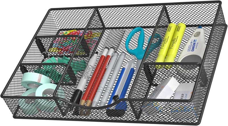 VyGrow Desk Drawer Organizer Tray, Metal Mesh Drawer Organizers Office, 6 Adjustable Compartment, Desk Organizer Tray for Home Office 12 x 8.26 x 1.96 inch, Black, 1 Pack - Image 1